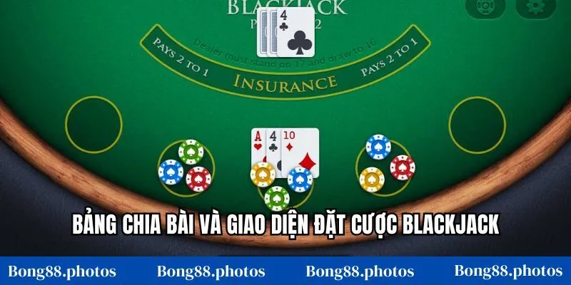 Bảng chia bài và giao diện đặt cược blackjack